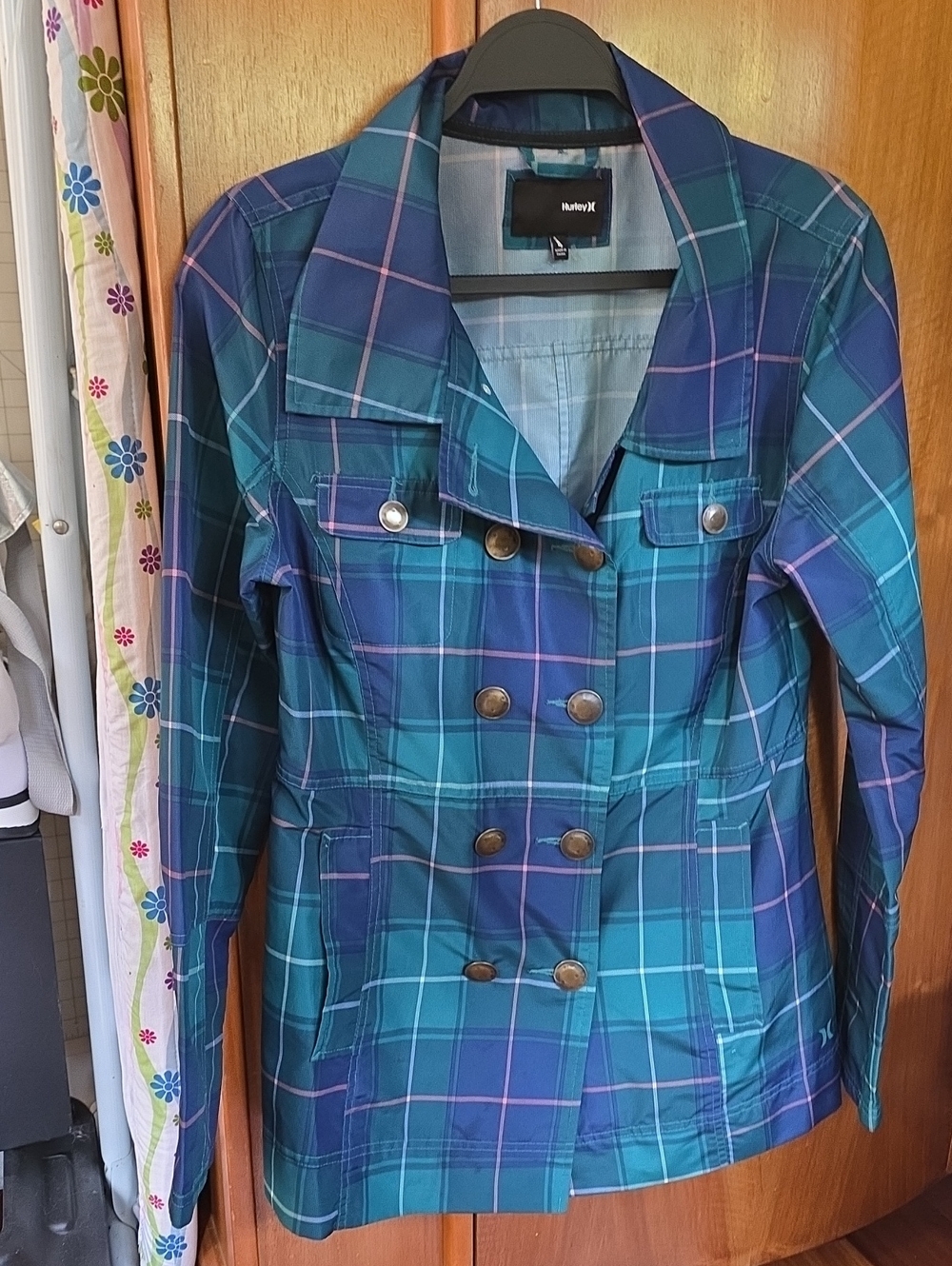 Hurley Teal and Blue Plaid Double-Breasted Pea Coat